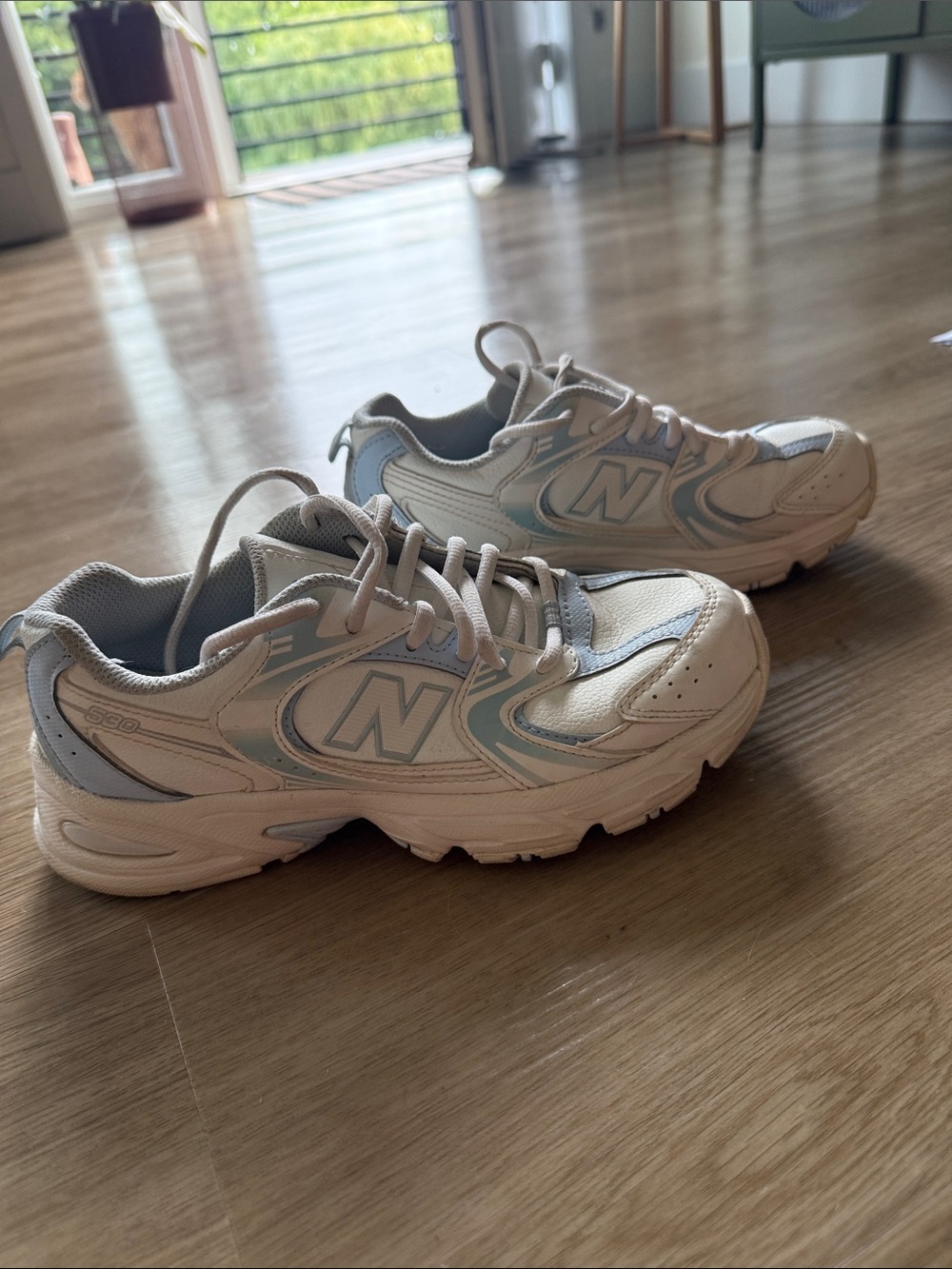 New Balance Kids White and Light Blue Sneakers